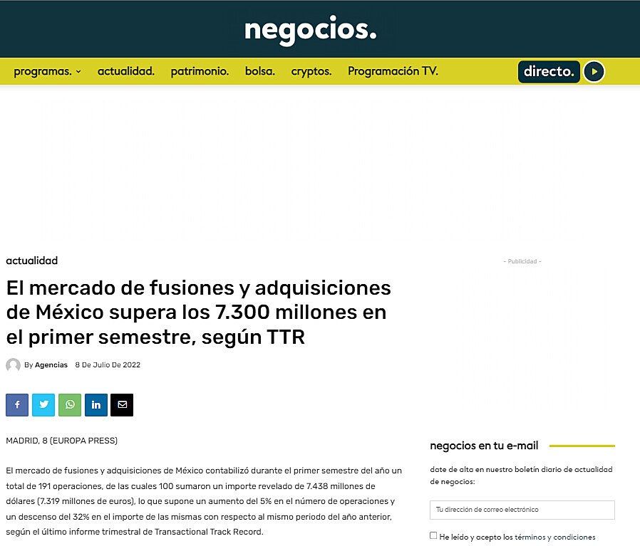 El mercado de fusiones y adquisiciones de Mxico supera los 7.300 millones en el primer semestre, segn TTR